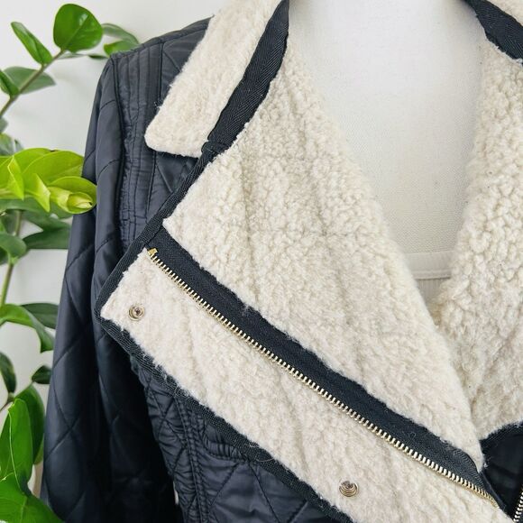 Sam Edelman Rylie Black Quilted Moto Jacket Cream Sherpa Collar & Lining Large - Picture 3 of 10